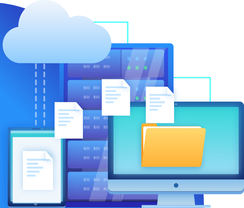 Cloud hosting illustration with connected website files and devices