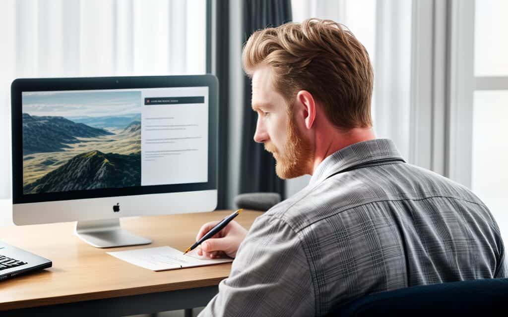 Business owner reviewing a website on a desktop computer